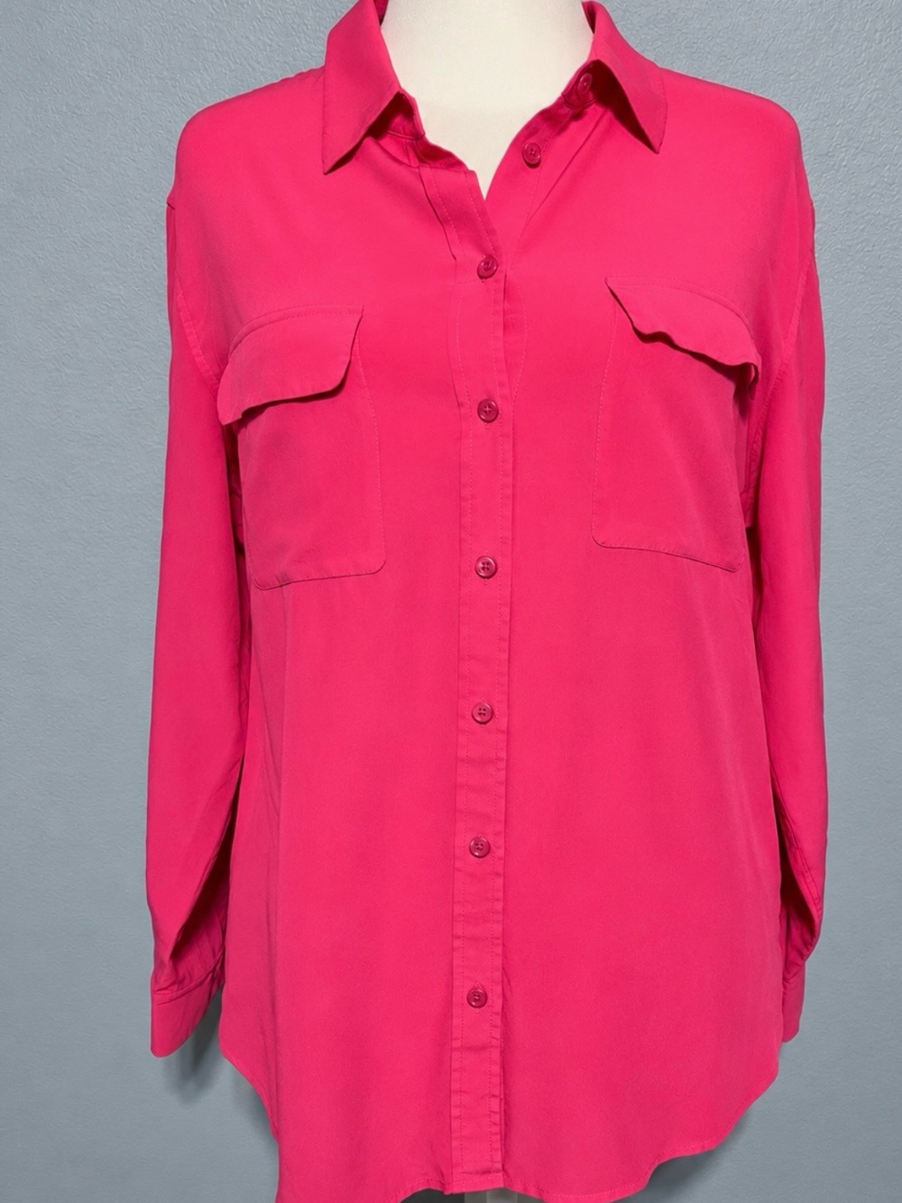 Equipment Femme 100% Silk Blouse Hot Pink Button Down Pocket Shirt Large